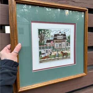 Vintage Charles Wysocki Cross Stitch Marblehead Cove Framed Needlepoint Picture